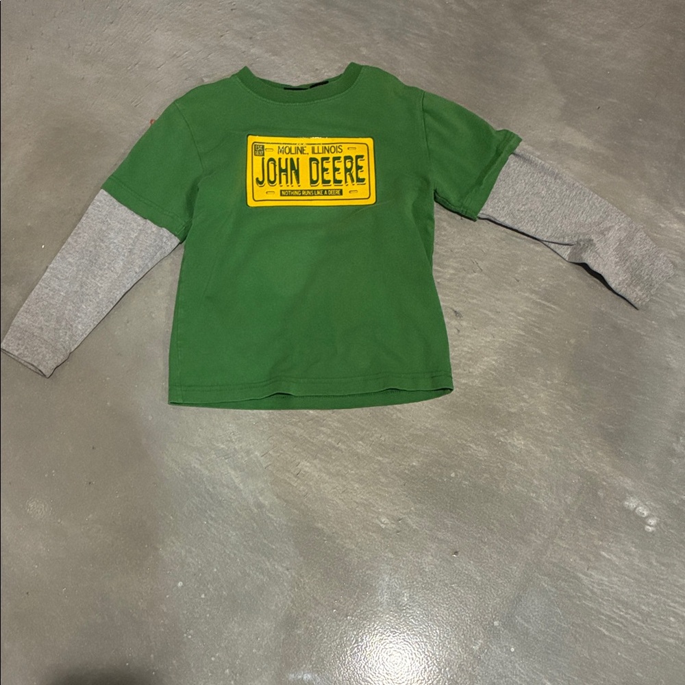 Boys John Deere Long Sleeve Tee with Yellow Logo and Gray Layered Sleeves